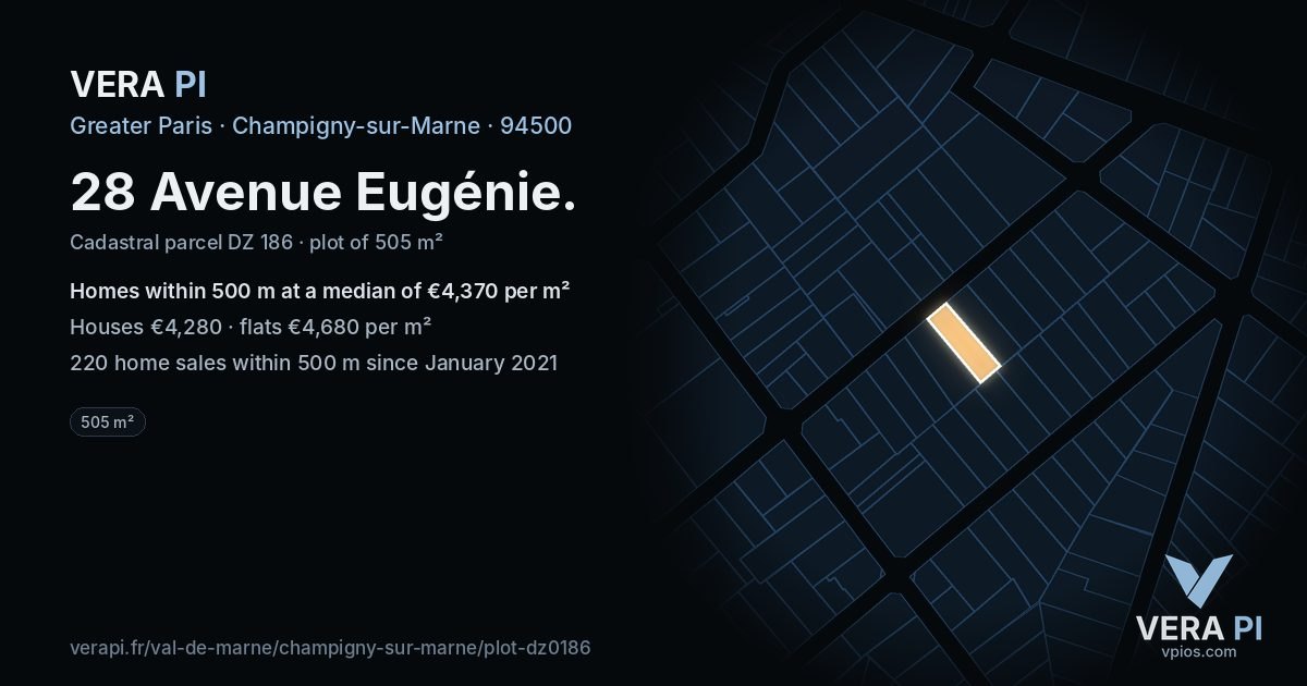 28 Avenue Eugénie, Champigny-sur-Marne at night – the plot lit, the parcels around coloured by the prices near them