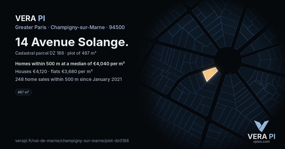 14 Avenue Solange, Champigny-sur-Marne at night – the plot lit, the parcels around coloured by the prices near them