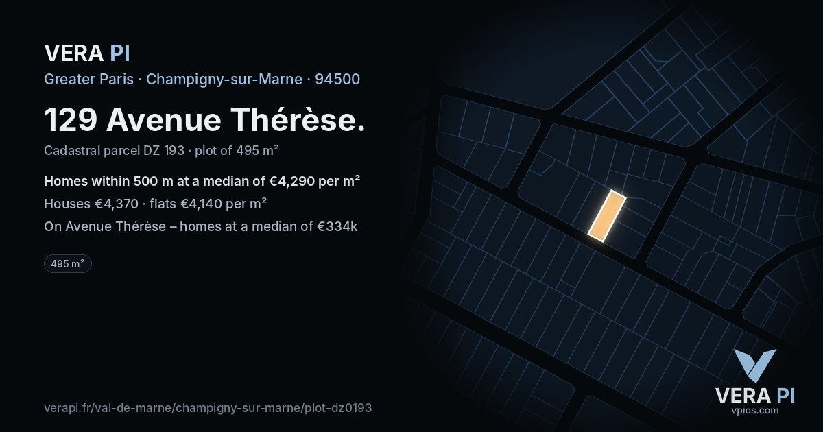 129 Avenue Thérèse, Champigny-sur-Marne at night – the plot lit, the parcels around coloured by the prices near them