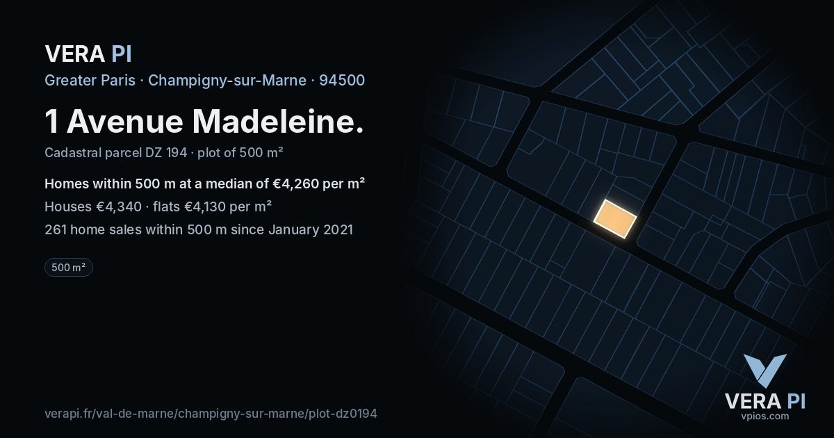 1 Avenue Madeleine, Champigny-sur-Marne at night – the plot lit, the parcels around coloured by the prices near them