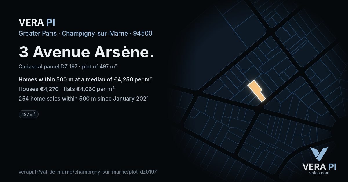 3 Avenue Arsène, Champigny-sur-Marne at night – the plot lit, the parcels around coloured by the prices near them