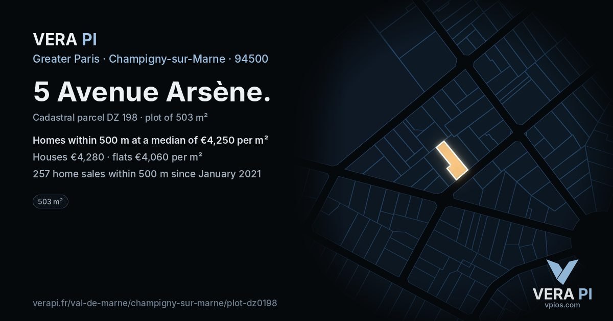 5 Avenue Arsène, Champigny-sur-Marne at night – the plot lit, the parcels around coloured by the prices near them