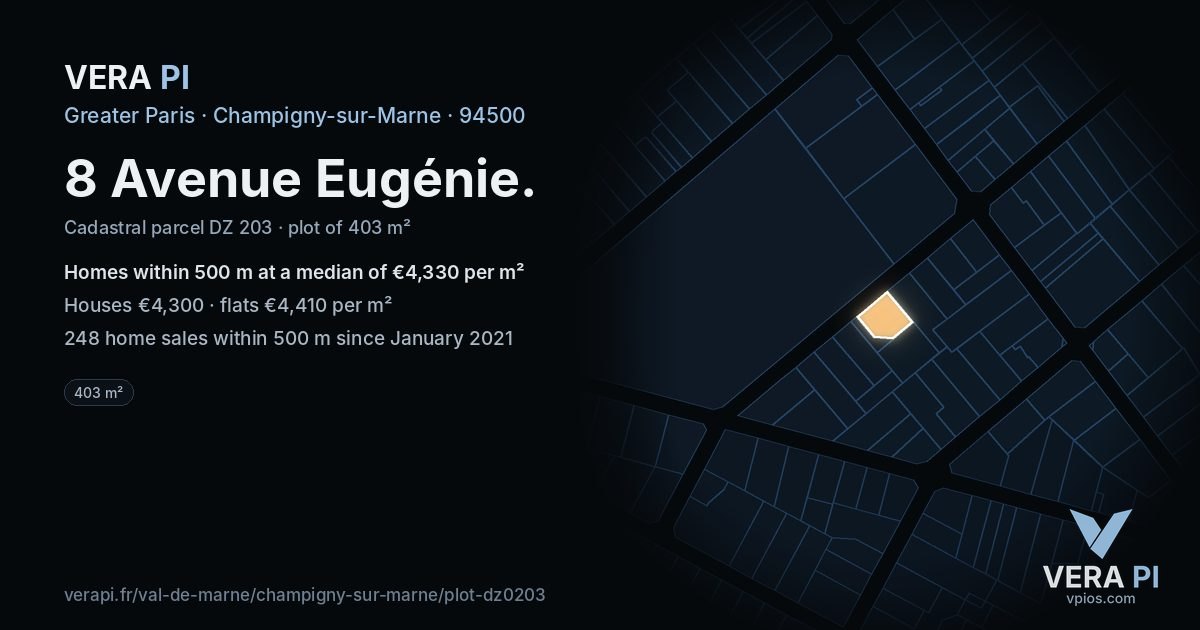 8 Avenue Eugénie, Champigny-sur-Marne at night – the plot lit, the parcels around coloured by the prices near them