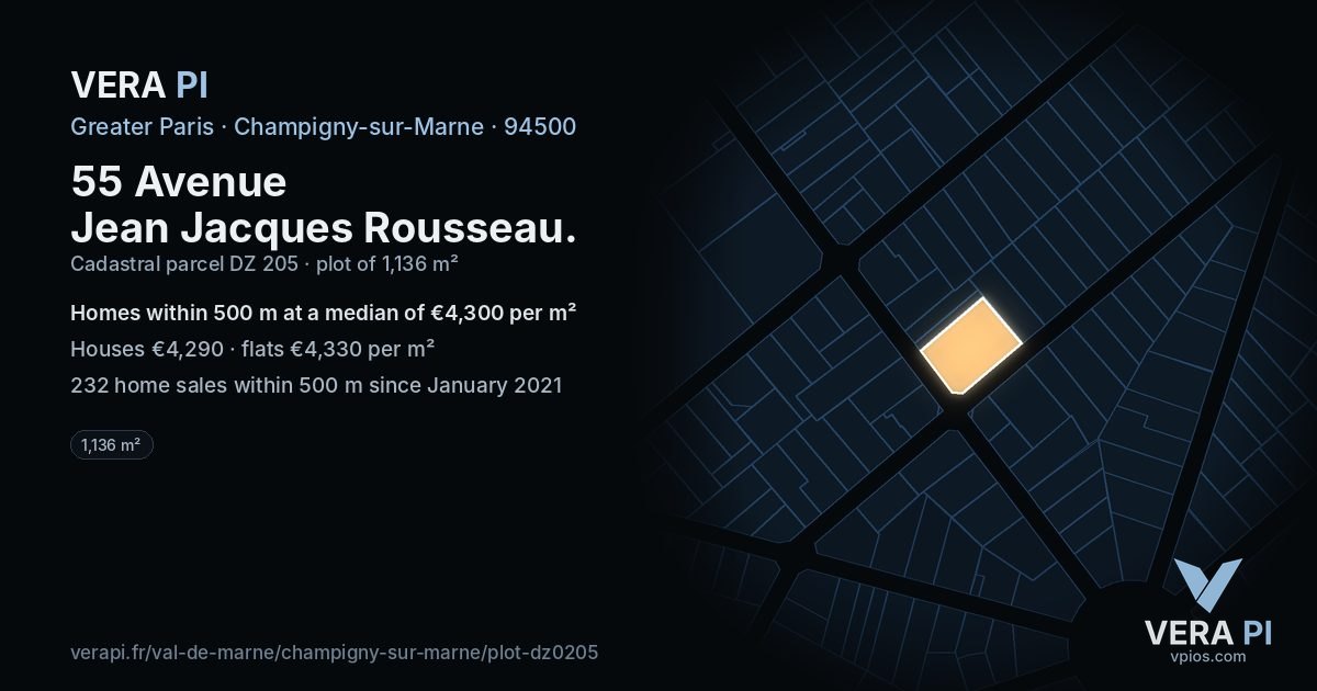 55 Avenue Jean Jacques Rousseau, Champigny-sur-Marne at night – the plot lit, the parcels around coloured by the prices near them