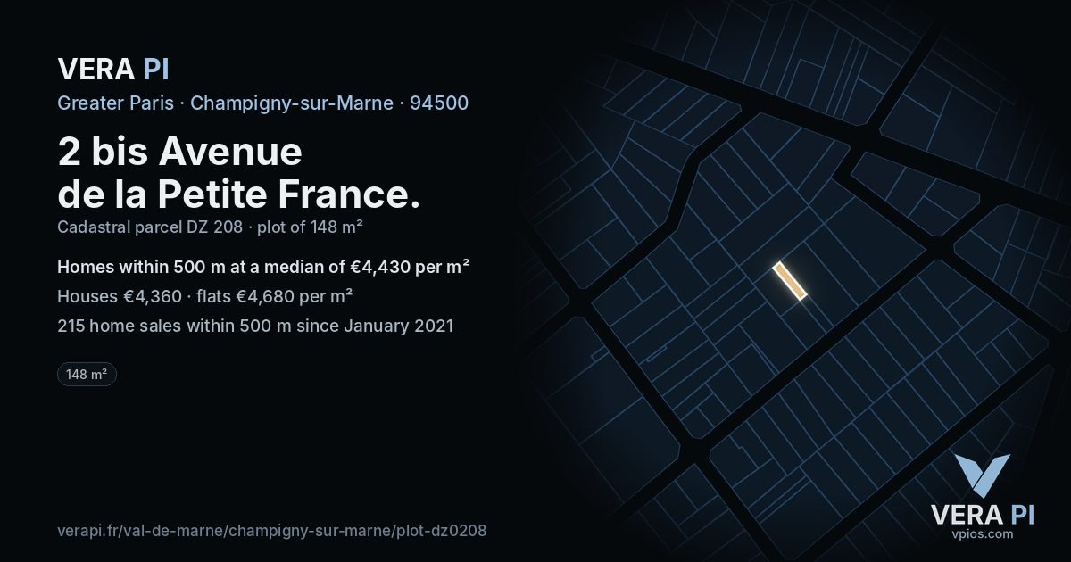 2 bis Avenue de la Petite France, Champigny-sur-Marne at night – the plot lit, the parcels around coloured by the prices near them