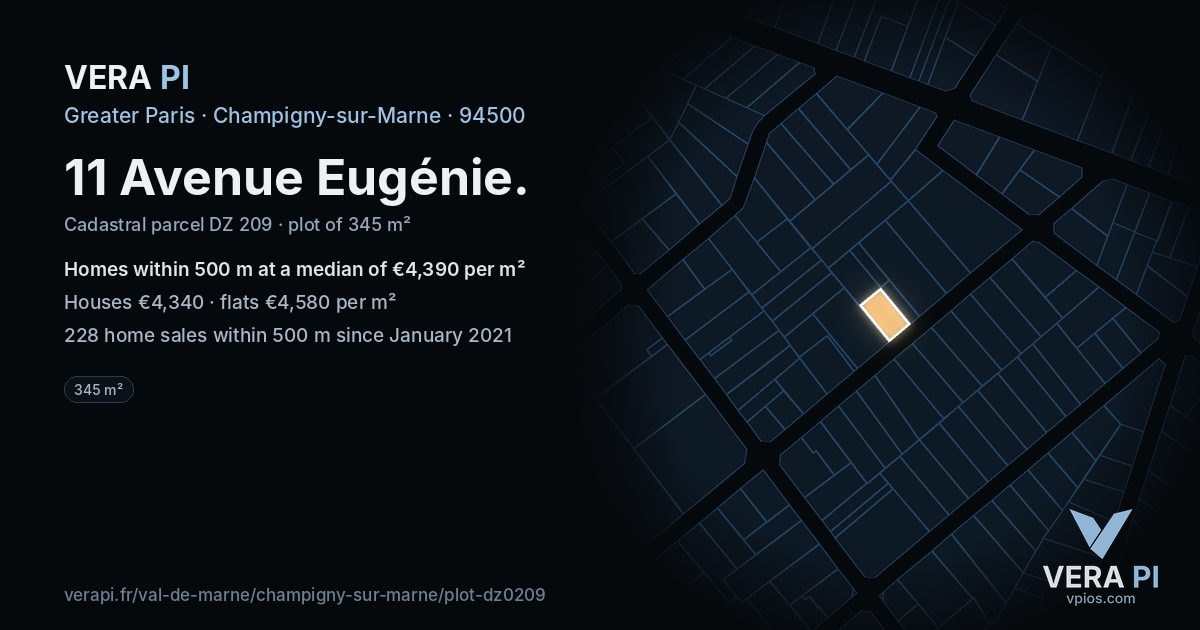 11 Avenue Eugénie, Champigny-sur-Marne at night – the plot lit, the parcels around coloured by the prices near them