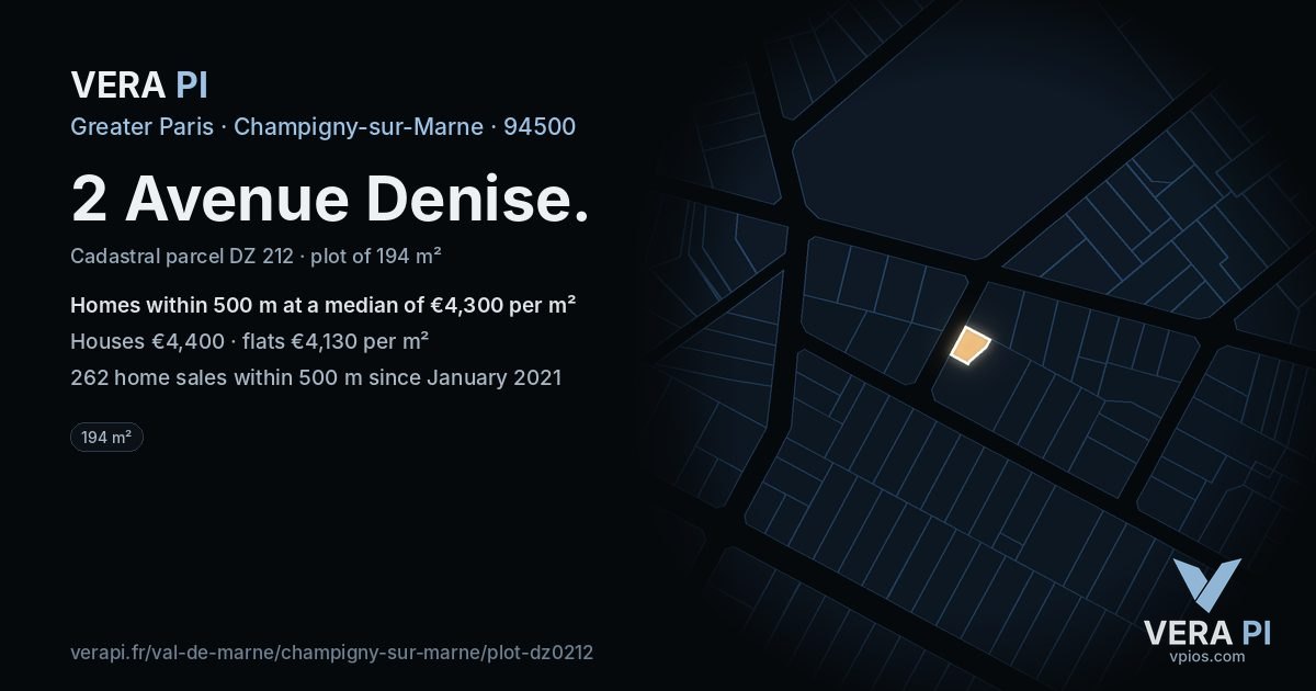 2 Avenue Denise, Champigny-sur-Marne at night – the plot lit, the parcels around coloured by the prices near them