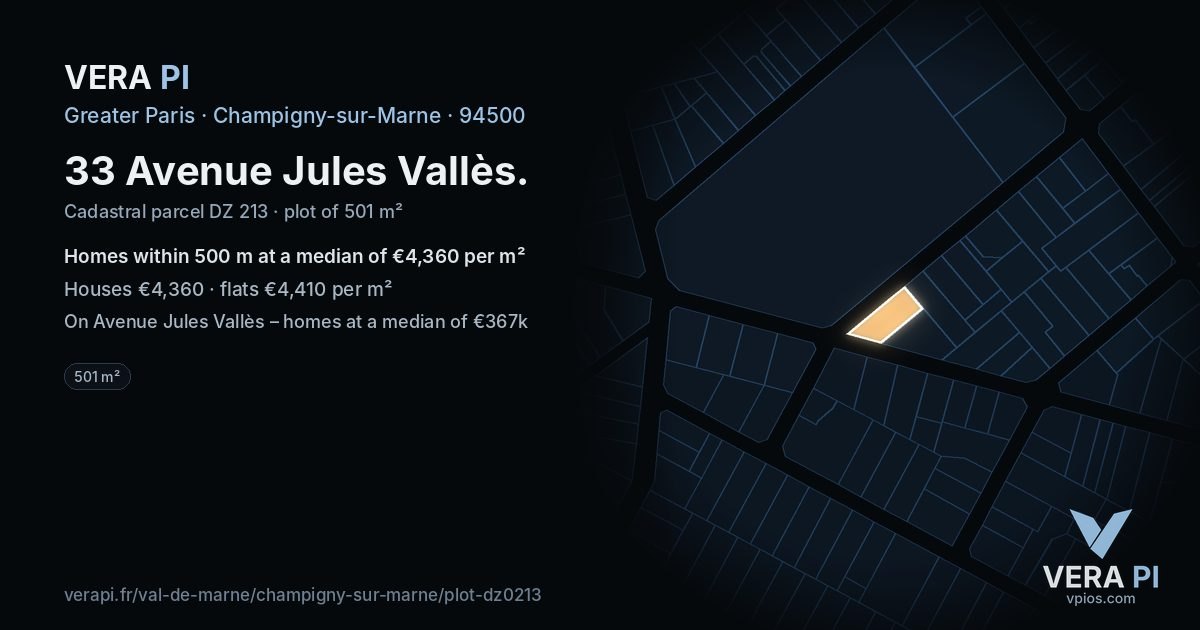 33 Avenue Jules Vallès, Champigny-sur-Marne at night – the plot lit, the parcels around coloured by the prices near them
