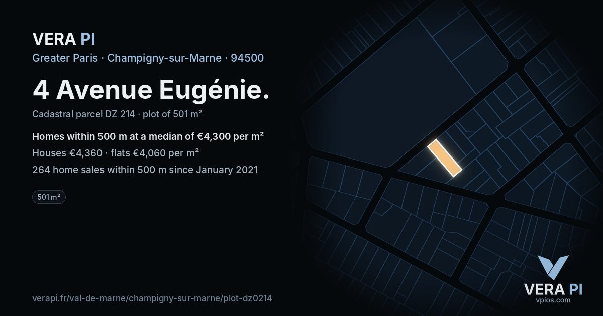 4 Avenue Eugénie, Champigny-sur-Marne at night – the plot lit, the parcels around coloured by the prices near them