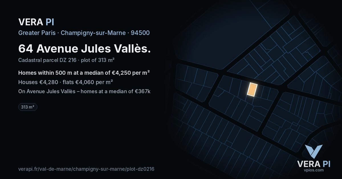 64 Avenue Jules Vallès, Champigny-sur-Marne at night – the plot lit, the parcels around coloured by the prices near them