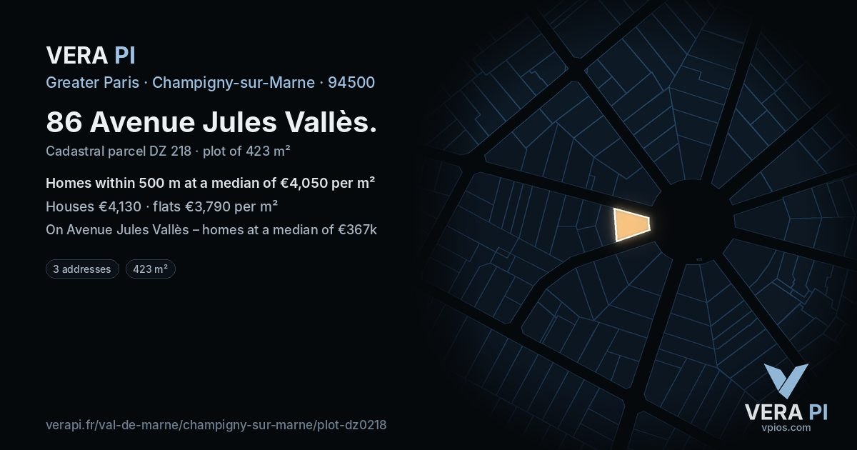 86 Avenue Jules Vallès, Champigny-sur-Marne at night – the plot lit, the parcels around coloured by the prices near them
