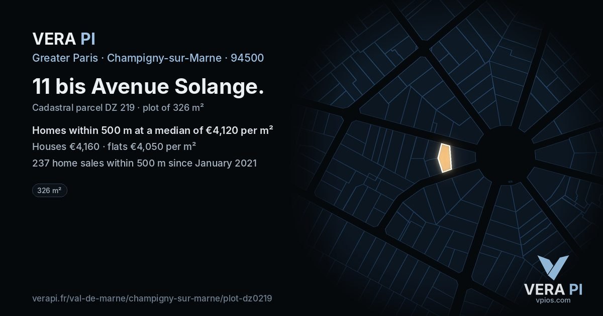 11 bis Avenue Solange, Champigny-sur-Marne at night – the plot lit, the parcels around coloured by the prices near them