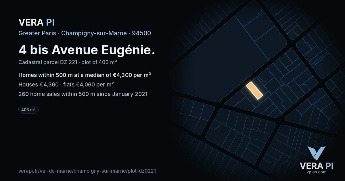 4 bis Avenue Eugénie, Champigny-sur-Marne at night – the plot lit, the parcels around coloured by the prices near them
