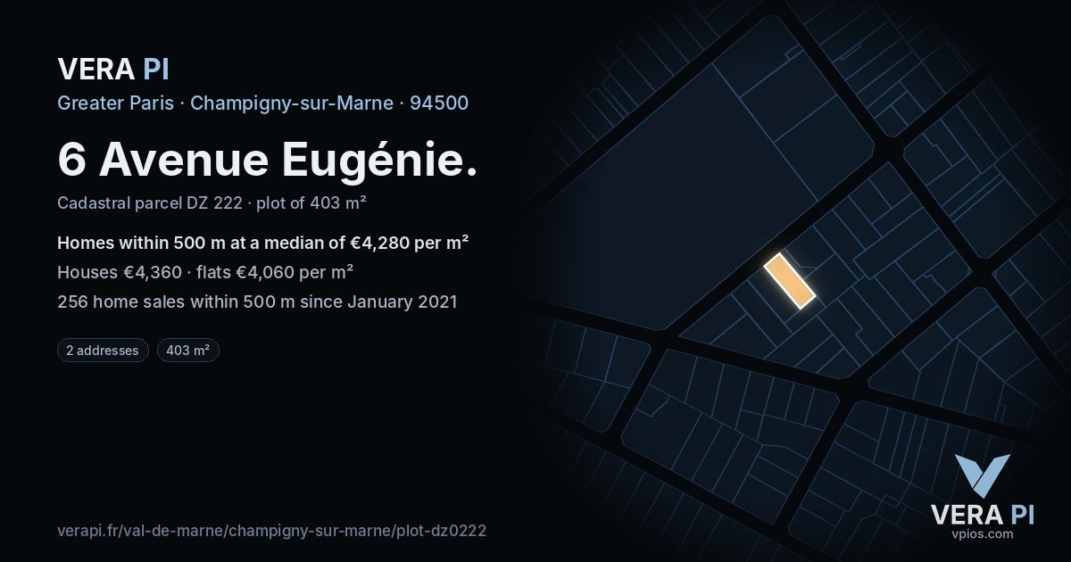 6 Avenue Eugénie, Champigny-sur-Marne at night – the plot lit, the parcels around coloured by the prices near them