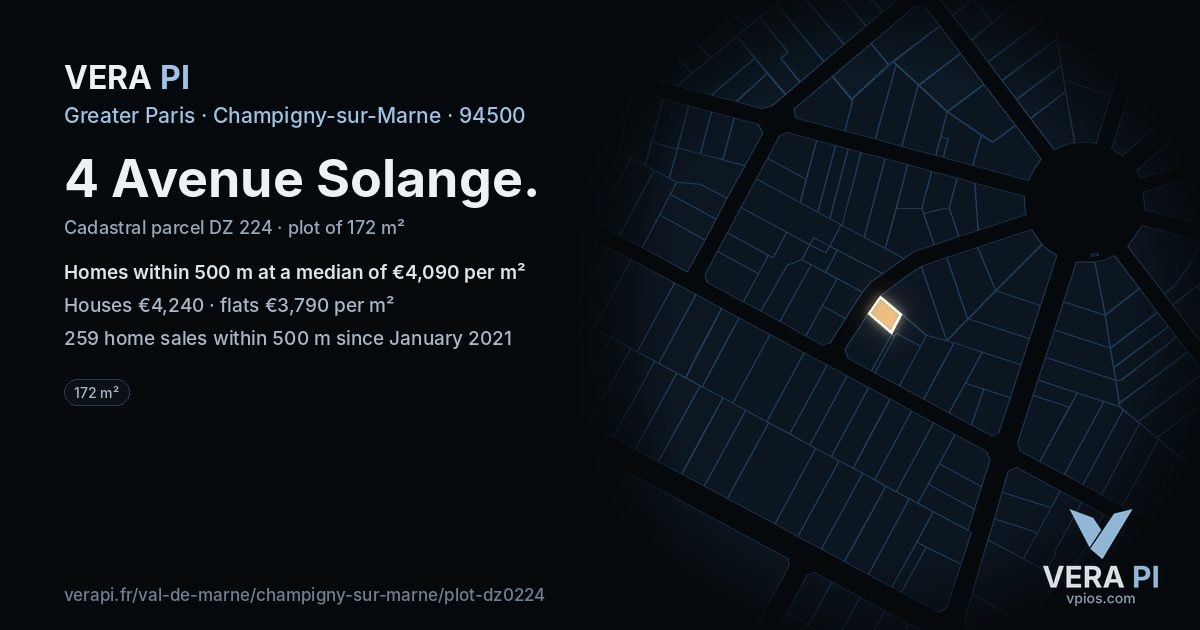 4 Avenue Solange, Champigny-sur-Marne at night – the plot lit, the parcels around coloured by the prices near them