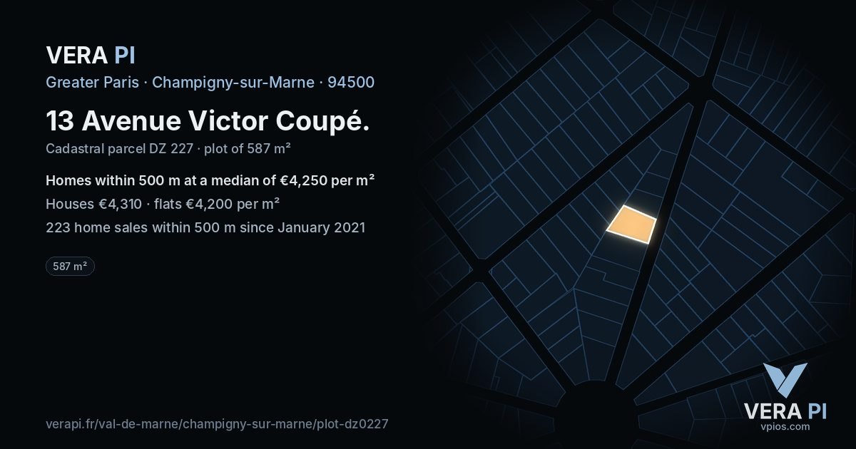 13 Avenue Victor Coupé, Champigny-sur-Marne at night – the plot lit, the parcels around coloured by the prices near them