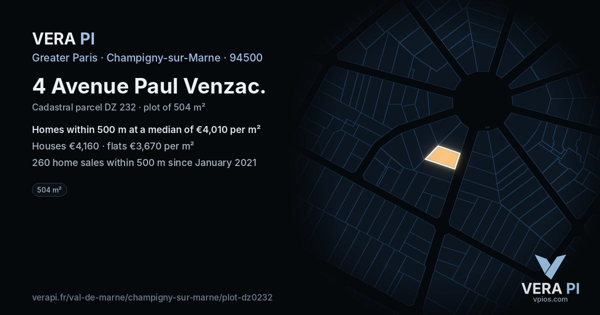 4 Avenue Paul Venzac, Champigny-sur-Marne at night – the plot lit, the parcels around coloured by the prices near them