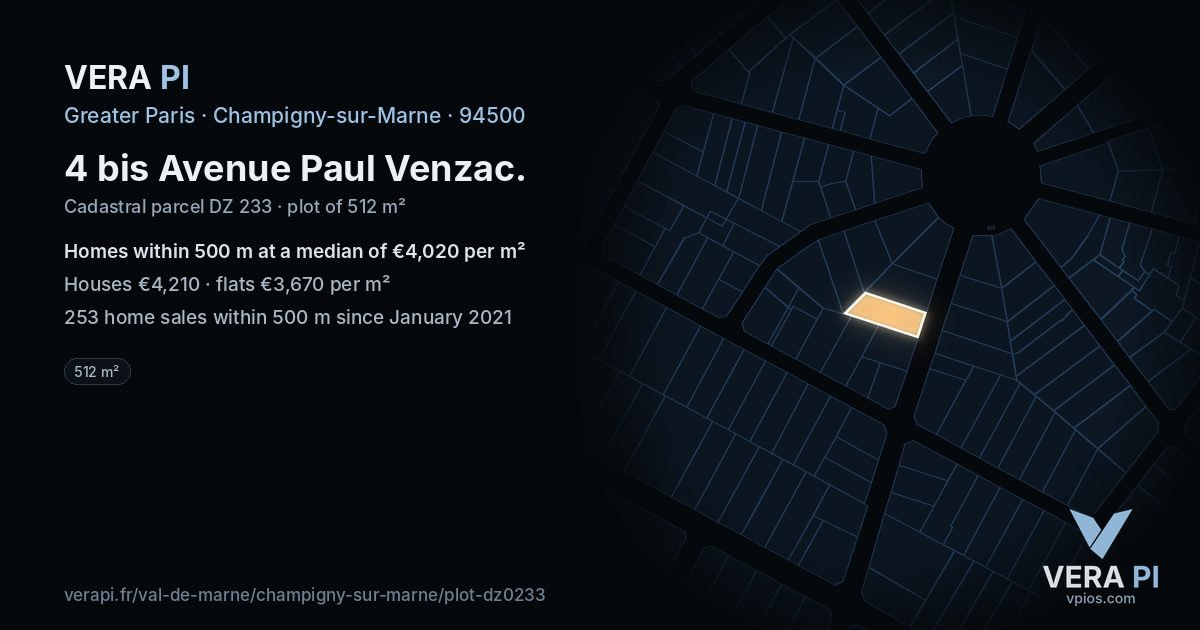 4 bis Avenue Paul Venzac, Champigny-sur-Marne at night – the plot lit, the parcels around coloured by the prices near them
