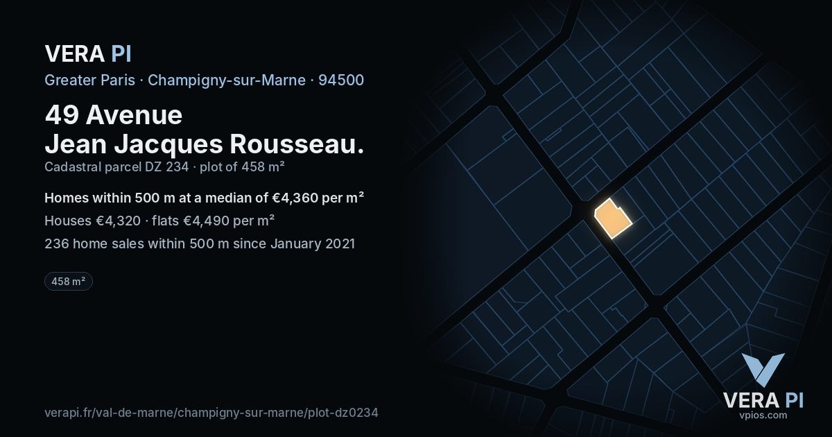 49 Avenue Jean Jacques Rousseau, Champigny-sur-Marne at night – the plot lit, the parcels around coloured by the prices near them