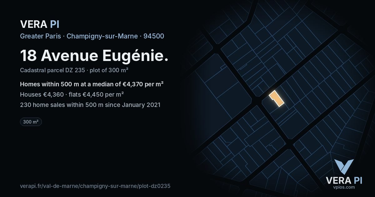 18 Avenue Eugénie, Champigny-sur-Marne at night – the plot lit, the parcels around coloured by the prices near them