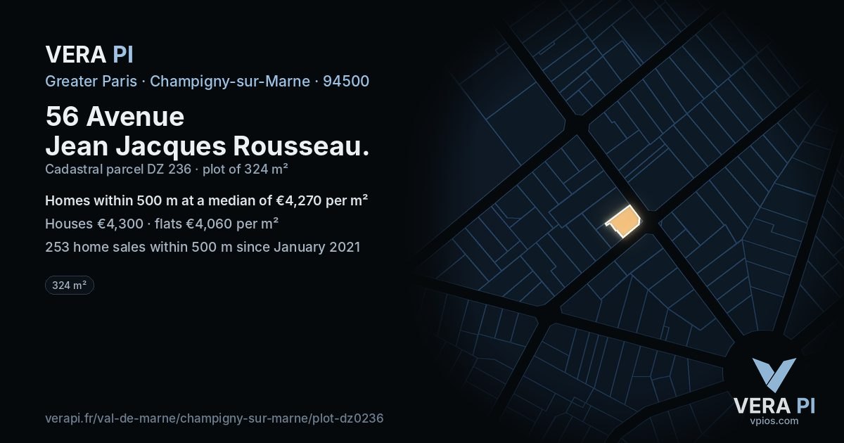 56 Avenue Jean Jacques Rousseau, Champigny-sur-Marne at night – the plot lit, the parcels around coloured by the prices near them