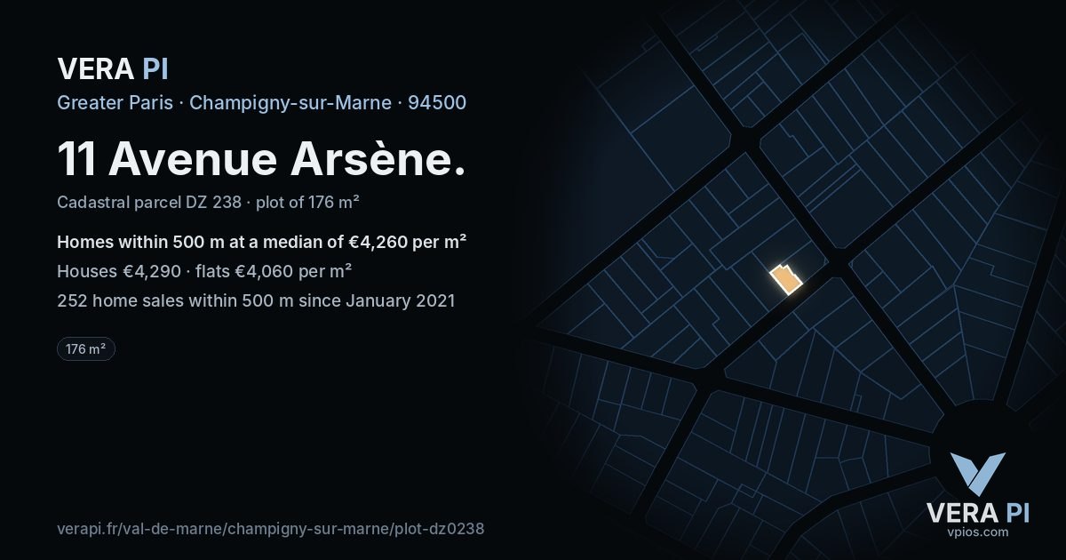 11 Avenue Arsène, Champigny-sur-Marne at night – the plot lit, the parcels around coloured by the prices near them