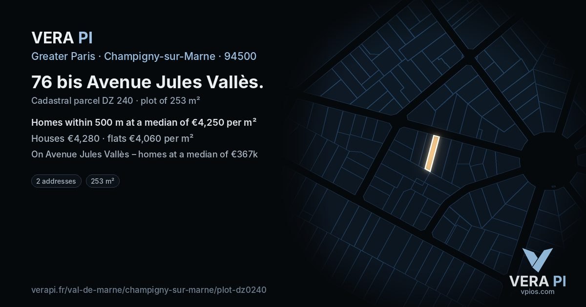 76 bis Avenue Jules Vallès, Champigny-sur-Marne at night – the plot lit, the parcels around coloured by the prices near them