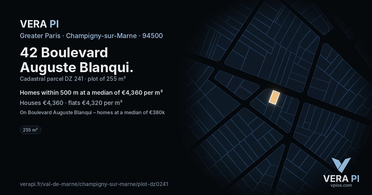 42 Boulevard Auguste Blanqui, Champigny-sur-Marne at night – the plot lit, the parcels around coloured by the prices near them