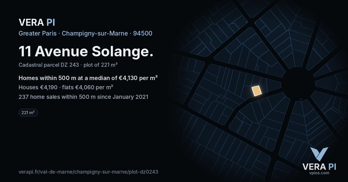 11 Avenue Solange, Champigny-sur-Marne at night – the plot lit, the parcels around coloured by the prices near them