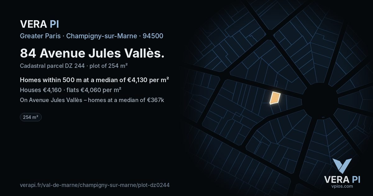 84 Avenue Jules Vallès, Champigny-sur-Marne at night – the plot lit, the parcels around coloured by the prices near them