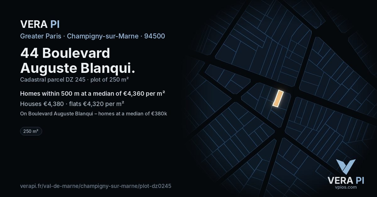 44 Boulevard Auguste Blanqui, Champigny-sur-Marne at night – the plot lit, the parcels around coloured by the prices near them