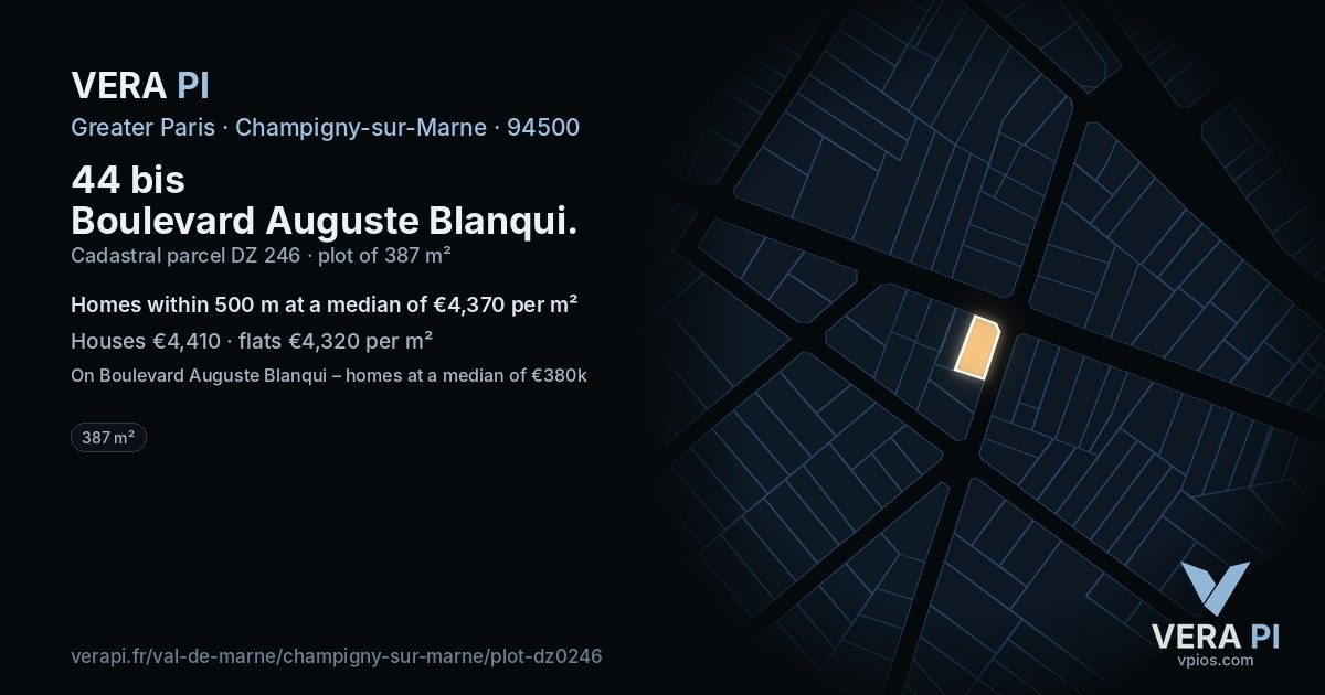 44 bis Boulevard Auguste Blanqui, Champigny-sur-Marne at night – the plot lit, the parcels around coloured by the prices near them
