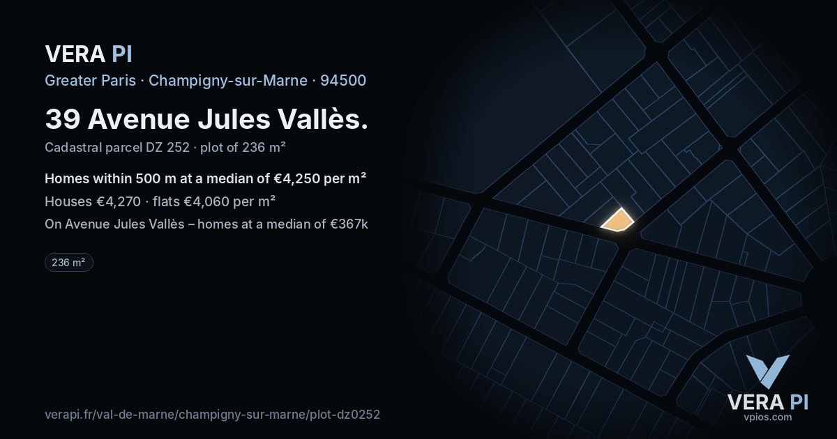 39 Avenue Jules Vallès, Champigny-sur-Marne at night – the plot lit, the parcels around coloured by the prices near them