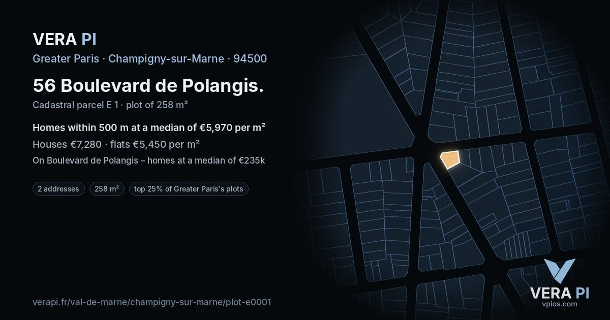 56 Boulevard de Polangis, Champigny-sur-Marne at night – the plot lit, the parcels around coloured by the prices near them