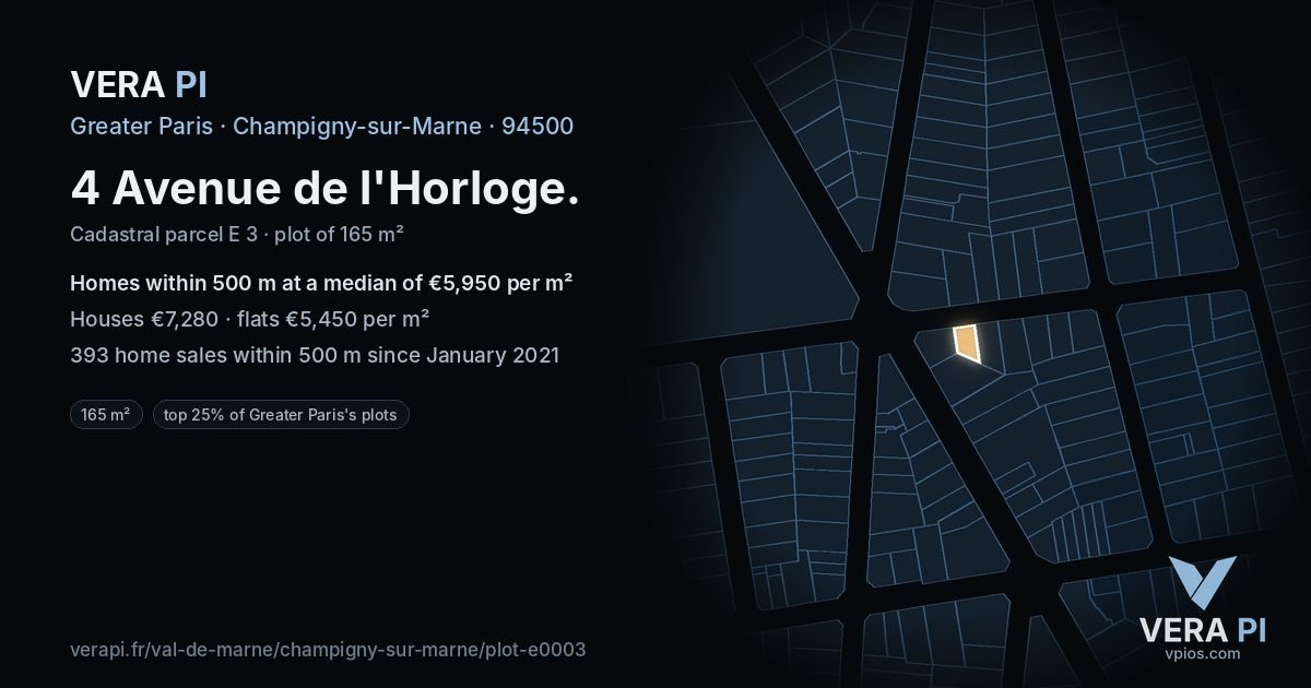 4 Avenue de l'Horloge, Champigny-sur-Marne at night – the plot lit, the parcels around coloured by the prices near them