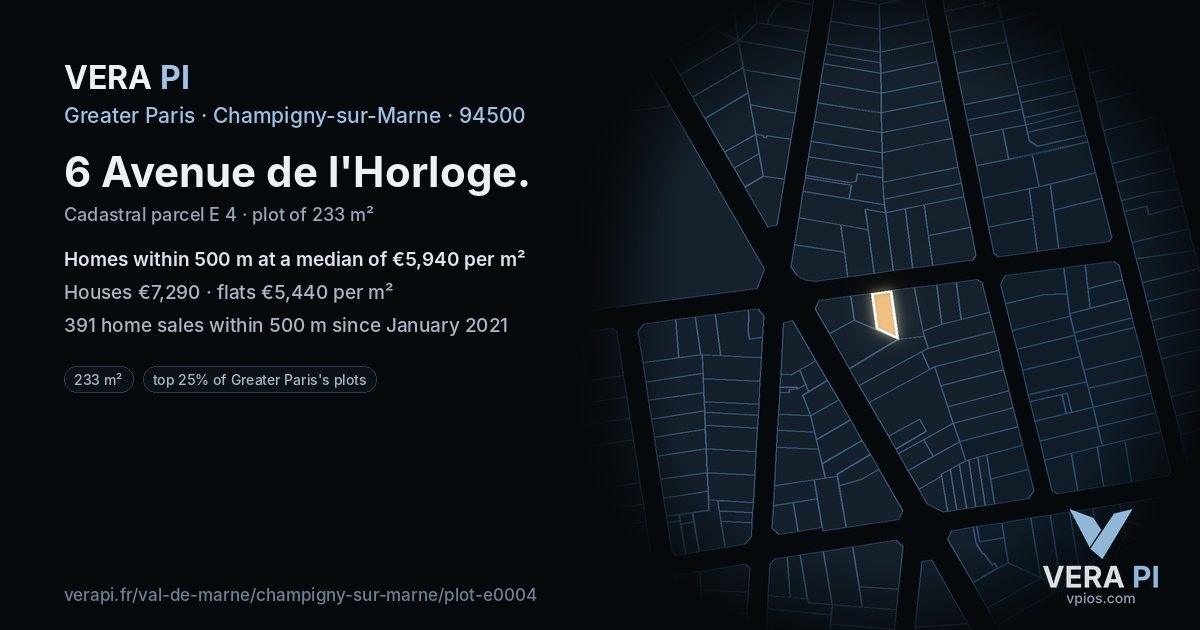 6 Avenue de l'Horloge, Champigny-sur-Marne at night – the plot lit, the parcels around coloured by the prices near them