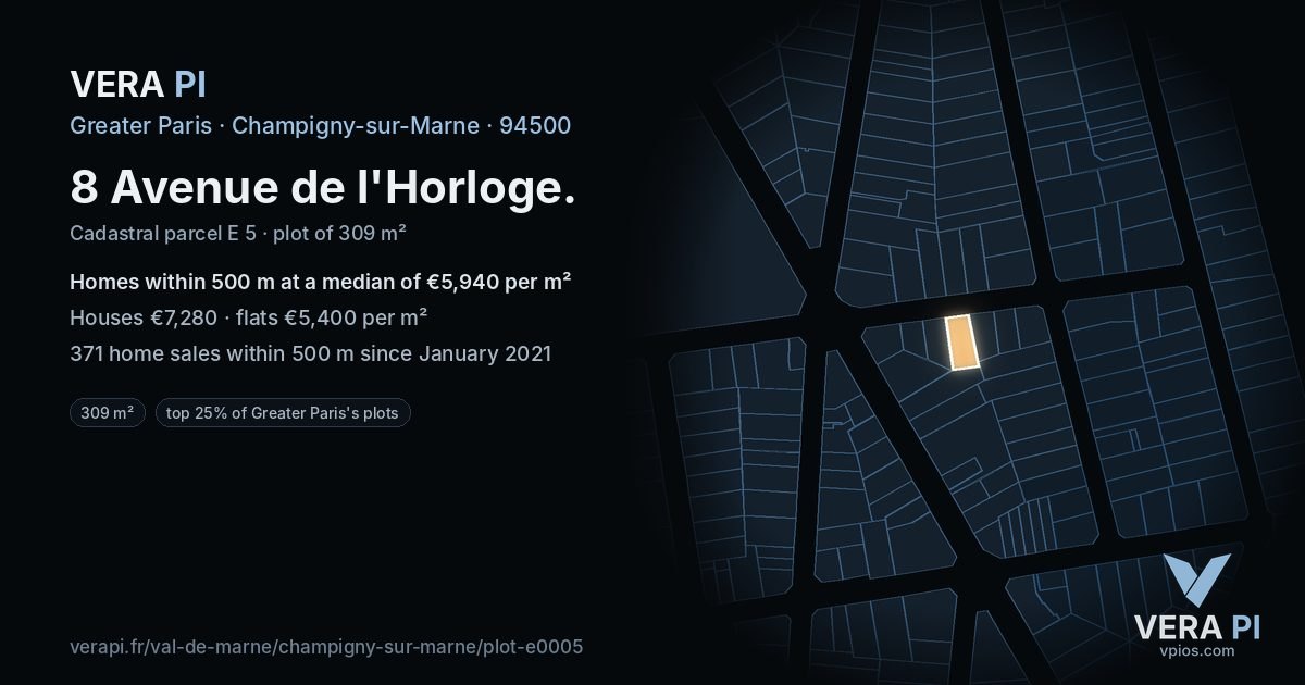 8 Avenue de l'Horloge, Champigny-sur-Marne at night – the plot lit, the parcels around coloured by the prices near them