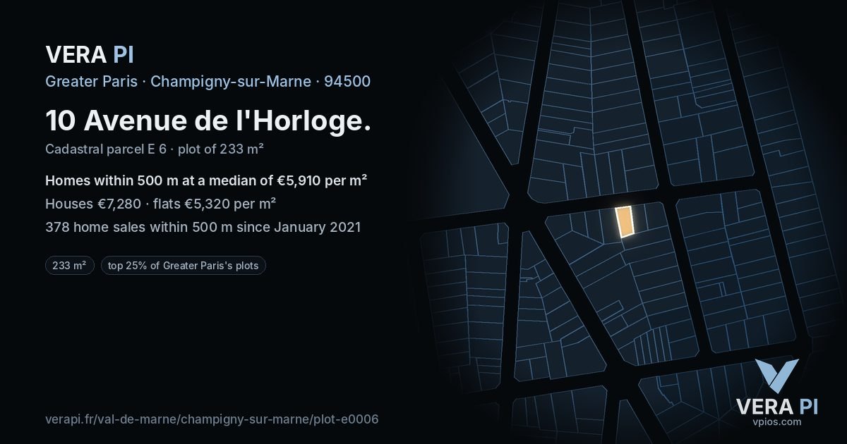 10 Avenue de l'Horloge, Champigny-sur-Marne at night – the plot lit, the parcels around coloured by the prices near them