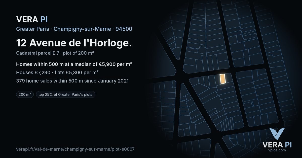 12 Avenue de l'Horloge, Champigny-sur-Marne at night – the plot lit, the parcels around coloured by the prices near them