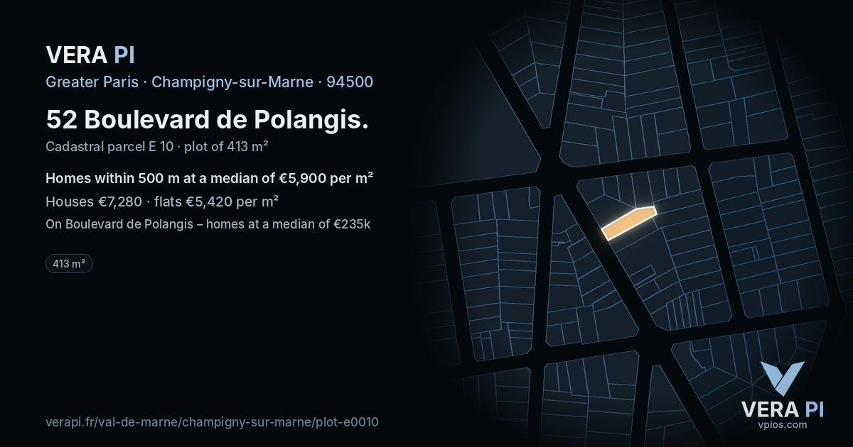 52 Boulevard de Polangis, Champigny-sur-Marne at night – the plot lit, the parcels around coloured by the prices near them