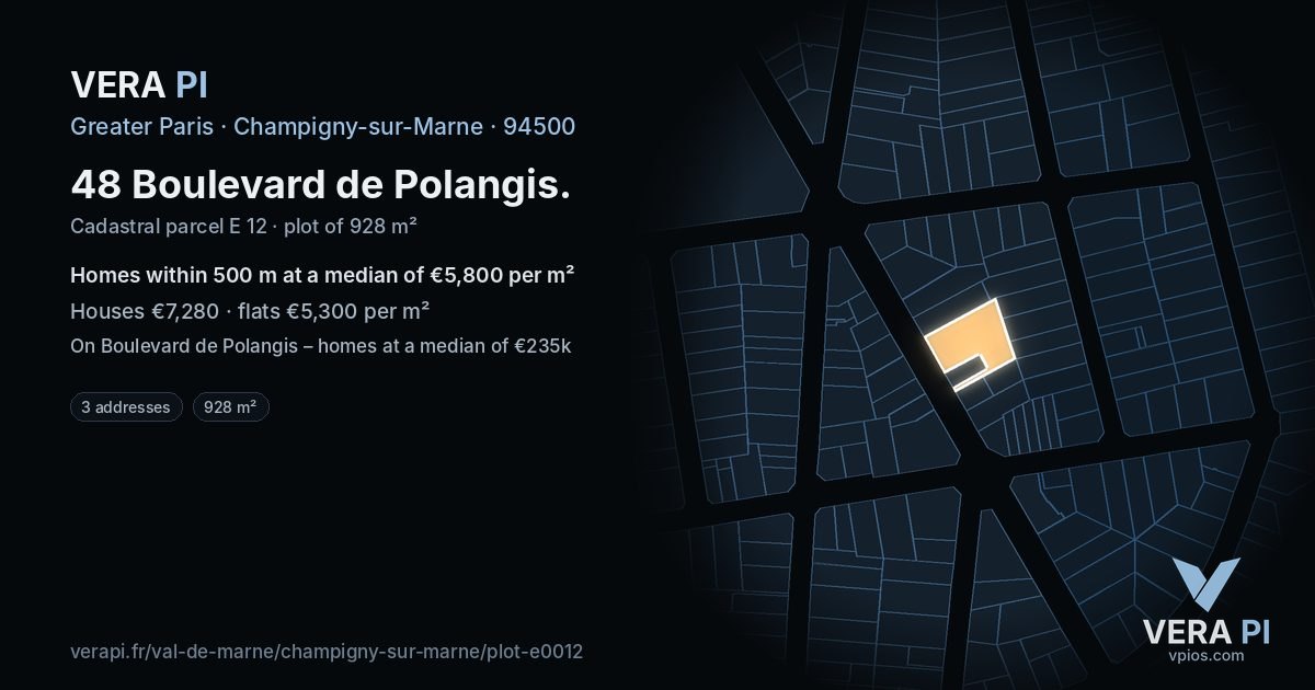 48 Boulevard de Polangis, Champigny-sur-Marne at night – the plot lit, the parcels around coloured by the prices near them