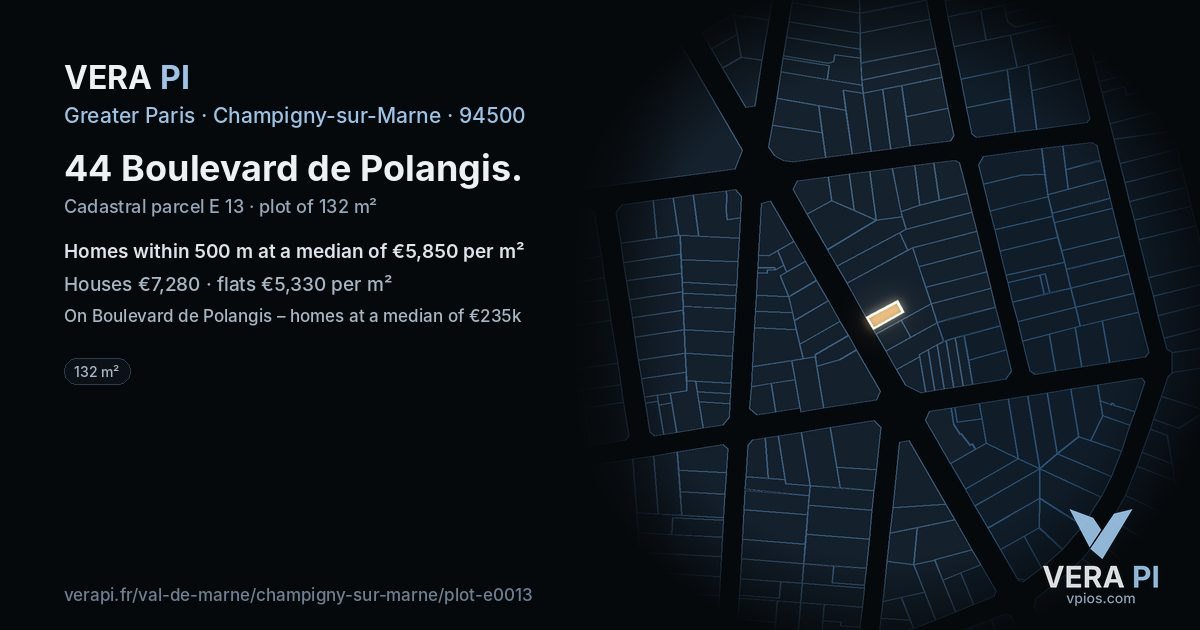 44 Boulevard de Polangis, Champigny-sur-Marne at night – the plot lit, the parcels around coloured by the prices near them