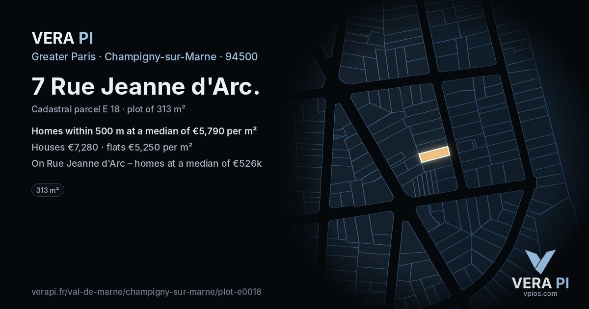 7 Rue Jeanne d'Arc, Champigny-sur-Marne at night – the plot lit, the parcels around coloured by the prices near them