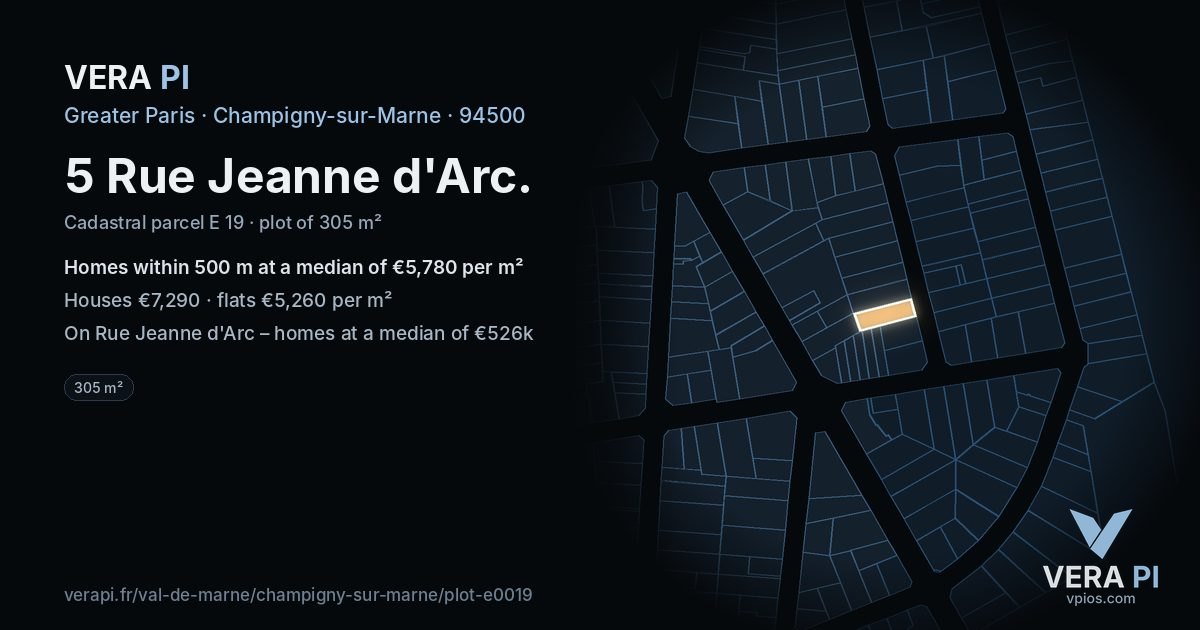 5 Rue Jeanne d'Arc, Champigny-sur-Marne at night – the plot lit, the parcels around coloured by the prices near them