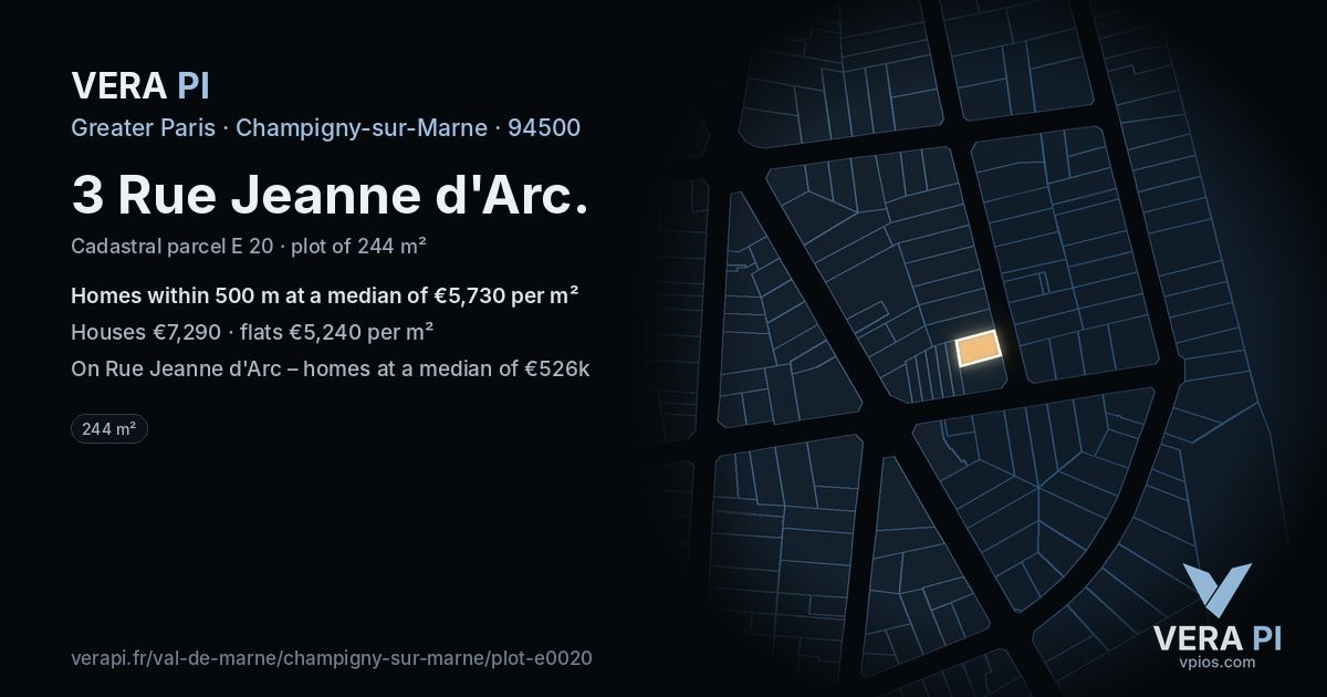 3 Rue Jeanne d'Arc, Champigny-sur-Marne at night – the plot lit, the parcels around coloured by the prices near them
