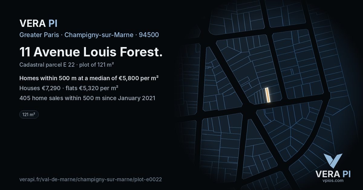 11 Avenue Louis Forest, Champigny-sur-Marne at night – the plot lit, the parcels around coloured by the prices near them