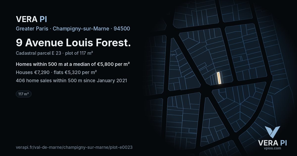 9 Avenue Louis Forest, Champigny-sur-Marne at night – the plot lit, the parcels around coloured by the prices near them