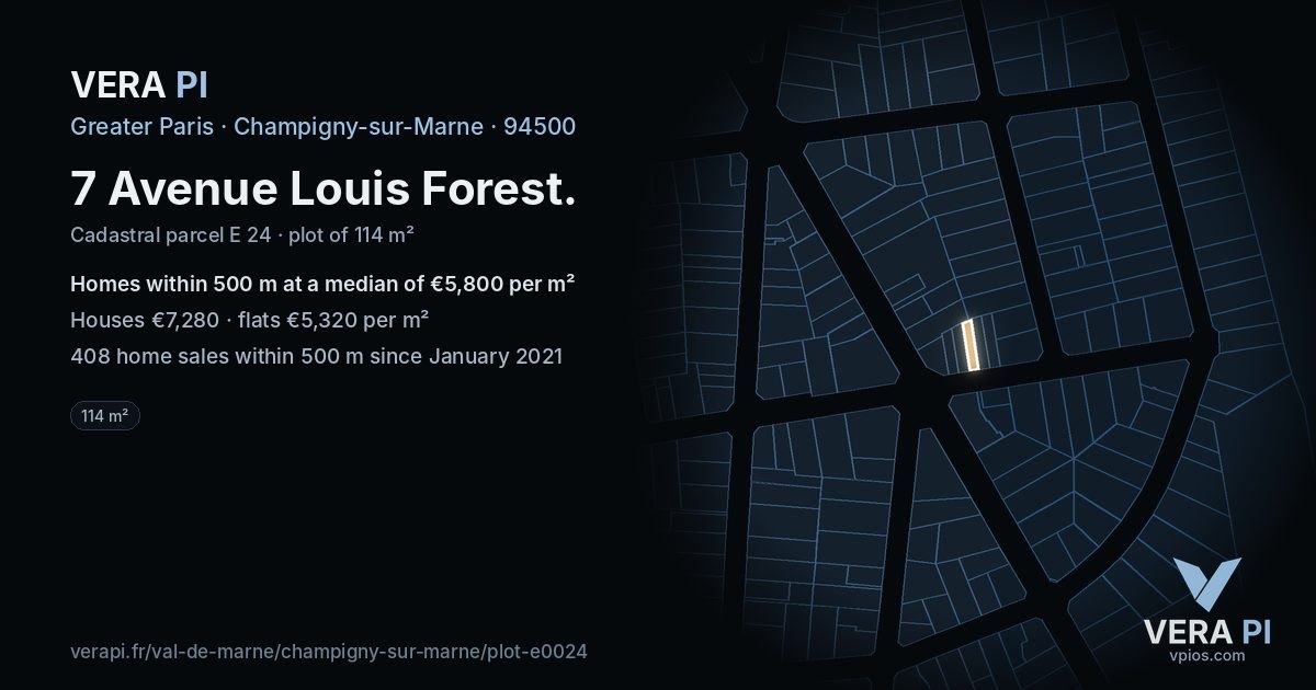 7 Avenue Louis Forest, Champigny-sur-Marne at night – the plot lit, the parcels around coloured by the prices near them