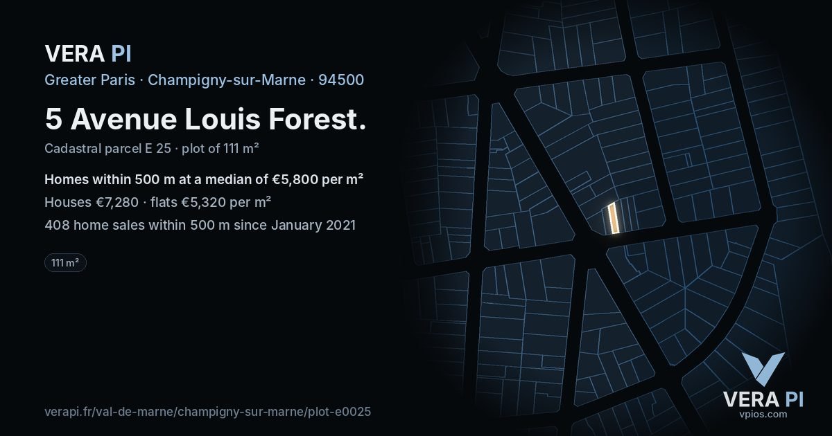 5 Avenue Louis Forest, Champigny-sur-Marne at night – the plot lit, the parcels around coloured by the prices near them