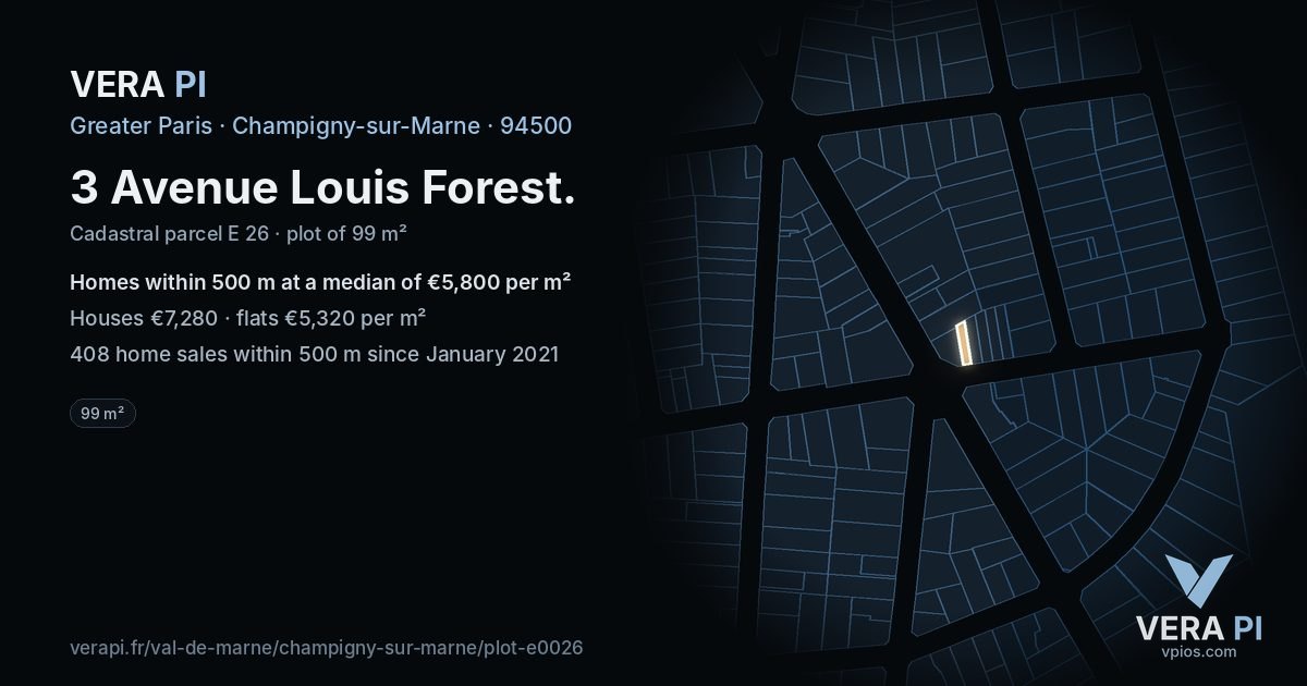 3 Avenue Louis Forest, Champigny-sur-Marne at night – the plot lit, the parcels around coloured by the prices near them